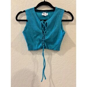 Princess Polly Teal Blue Lace Up Front Ribbed Knit Crop Top Vest Size US 4